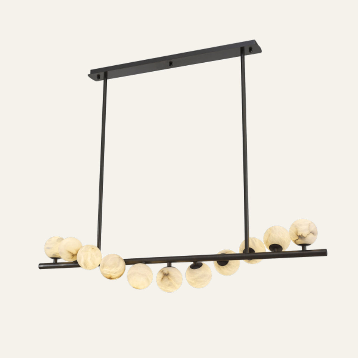 The Filo alabaster chandelier with 11 stone spheres along a black metal bar