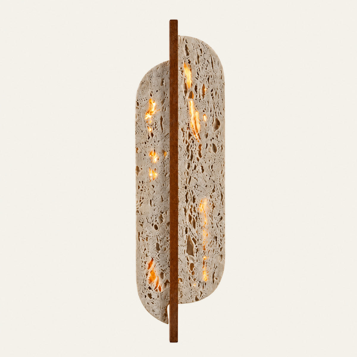 The Foglia travertine wall light, a curved leaf of travertine around a straight wooden bar