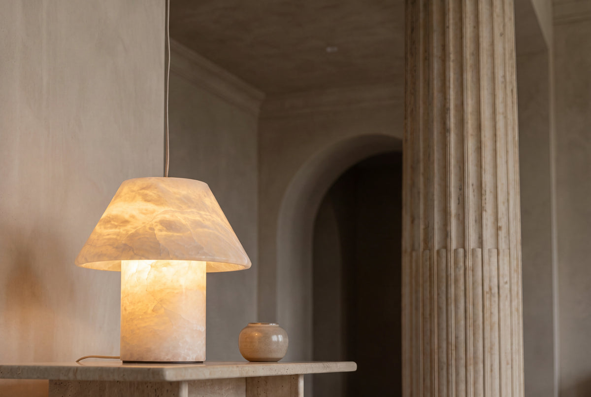 The Fungo Alabaster Table Lamp, lifestyle close-up