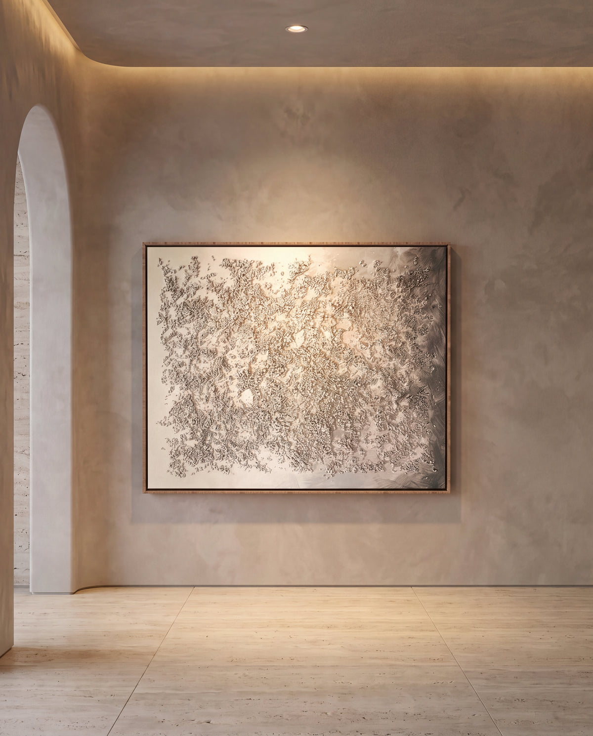 Galet canvas artwork in an oak frame on a plaster wall