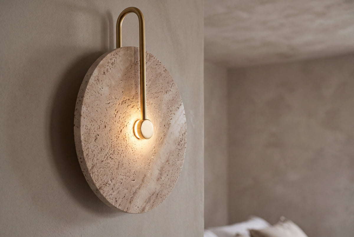 The Gancio Travertine Wall Light, lifestyle close-up