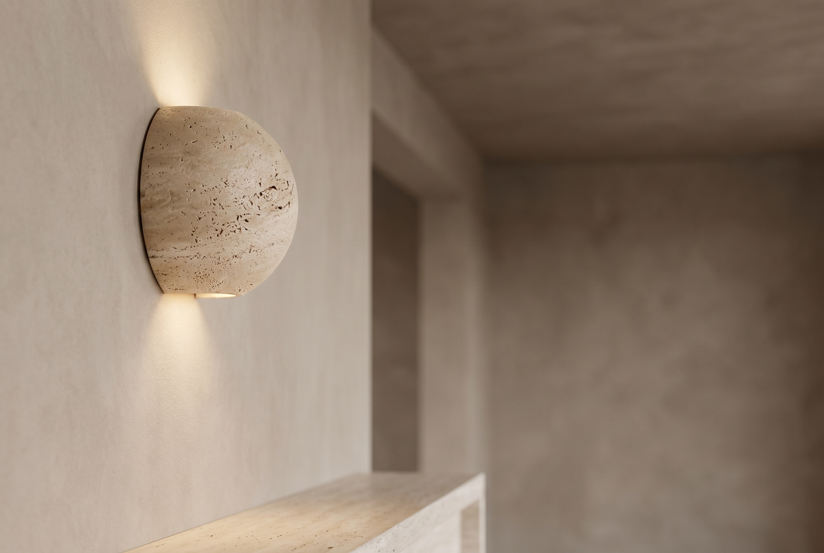 The Globo Travertine Wall Light, lifestyle close-up