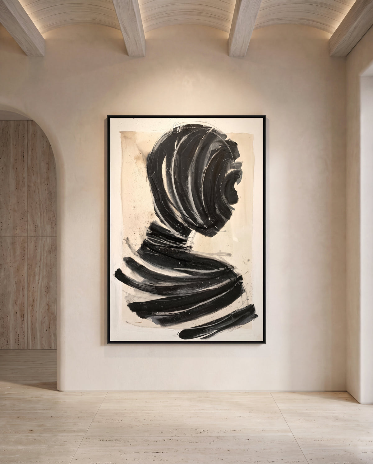 Interno Nero 2 canvas artwork in a black frame on a plaster wall