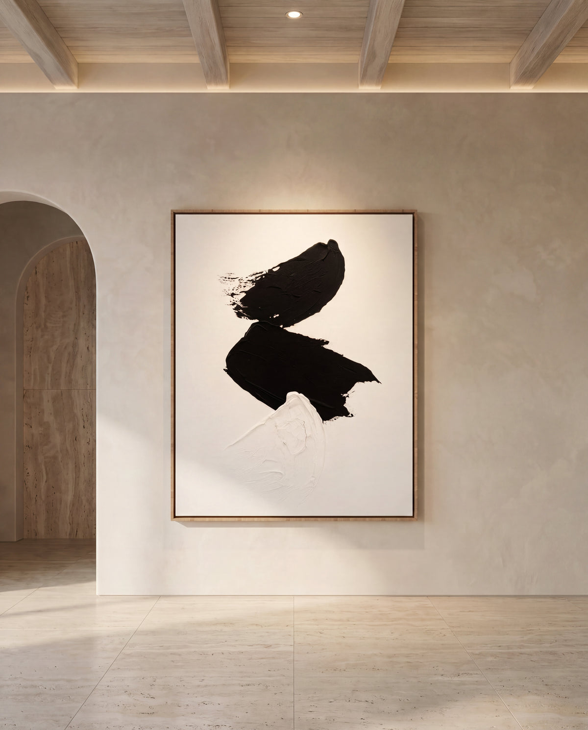 Inverso canvas artwork in an oak frame on a plaster wall