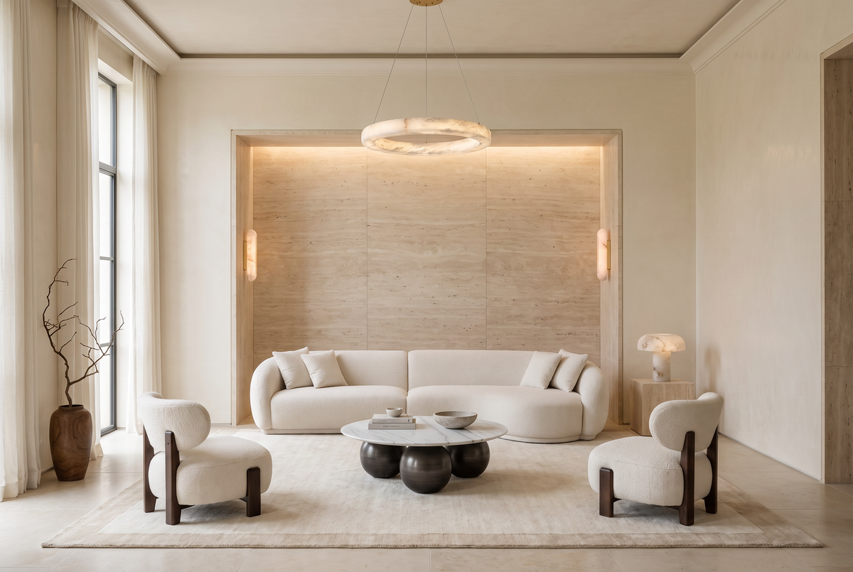 The Quiet Alcove: a curved boucle sofa in a travertine alcove, lit by an alabaster chandelier and alabaster wall lights