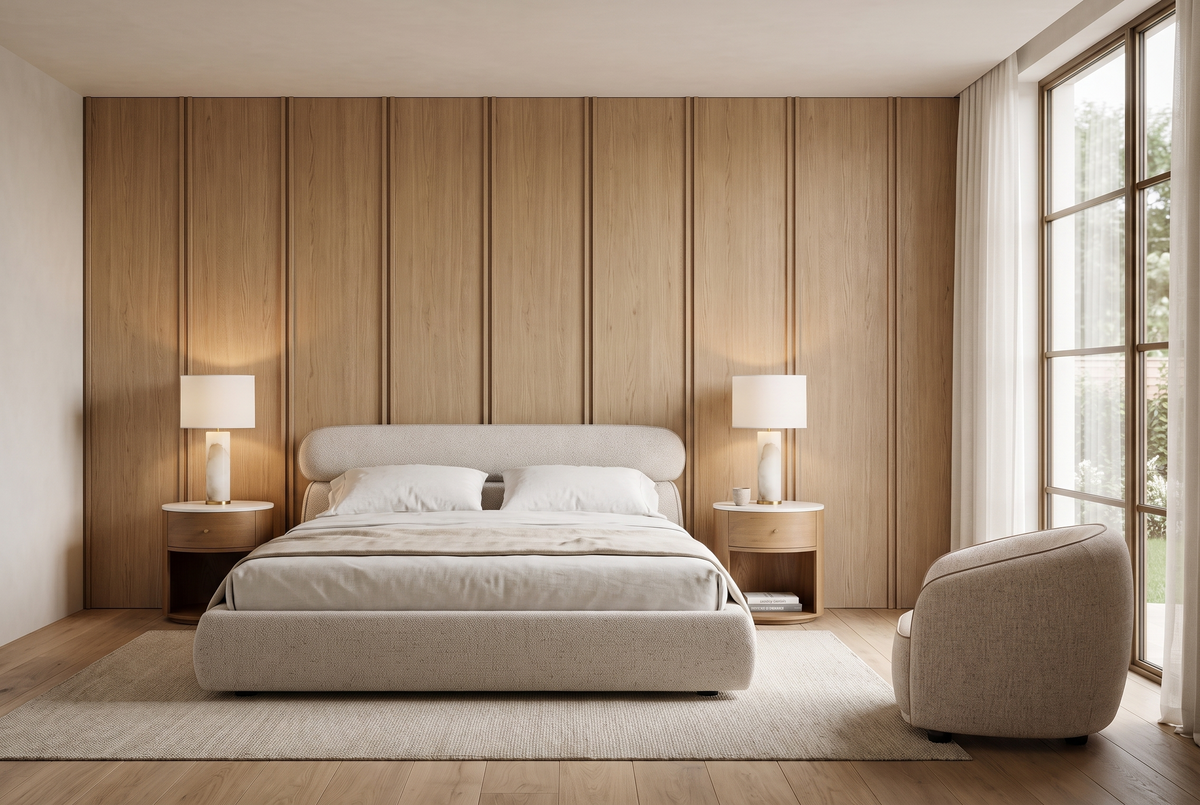 Oak and Oatmeal: an oatmeal upholstered bed against oak panelling, with bedside lamps and a cream boucle armchair