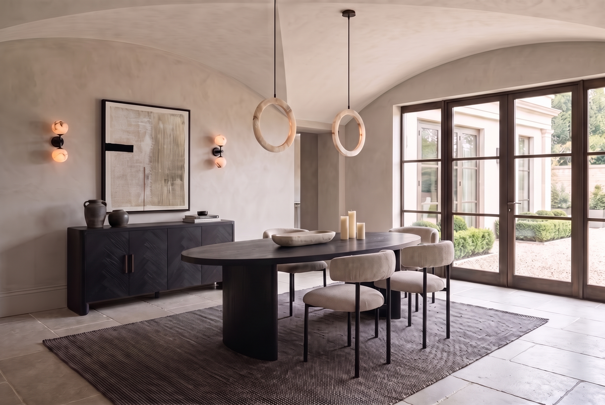 The Garden Room, oval oak dining table with herringbone sideboard and alabaster lighting