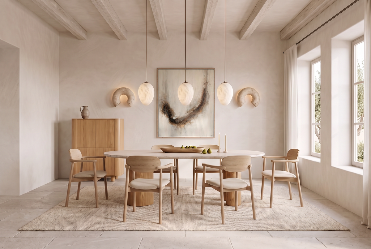 Sunday Lunch: an oak dining table and oak dining chairs beneath pendant lights in a bright beamed room