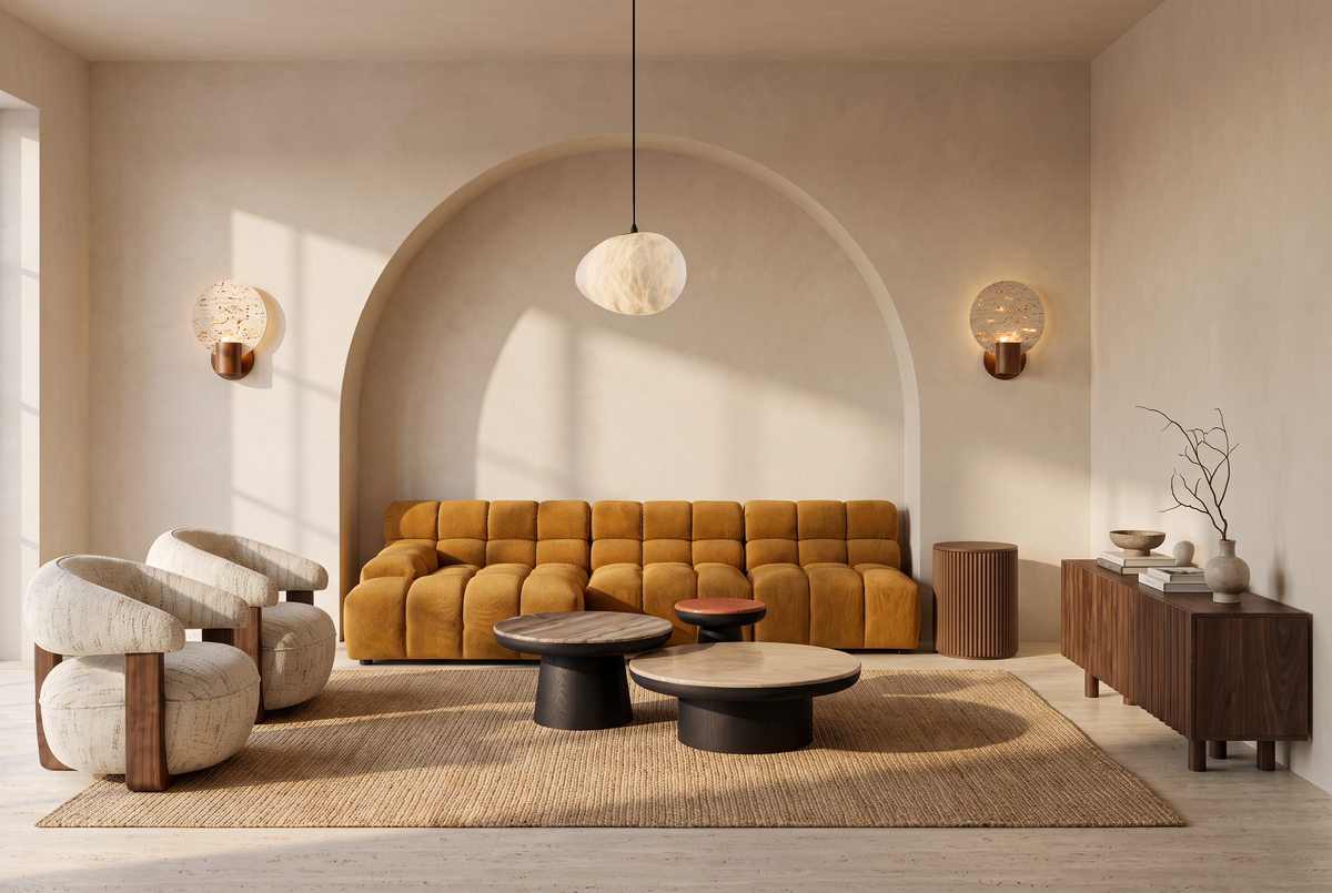 Saffron Hour, an ochre tufted sofa with walnut and black stone tables in a limewashed living room