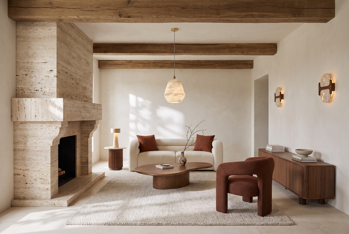 Rust and Linen, a cream sofa and rust chair beside a monumental travertine fireplace under oak beams