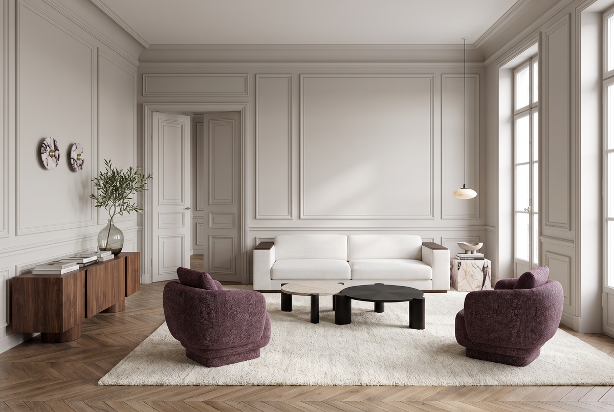 Plum and Pearl, a white sofa and plum chairs in a panelled Parisian salon