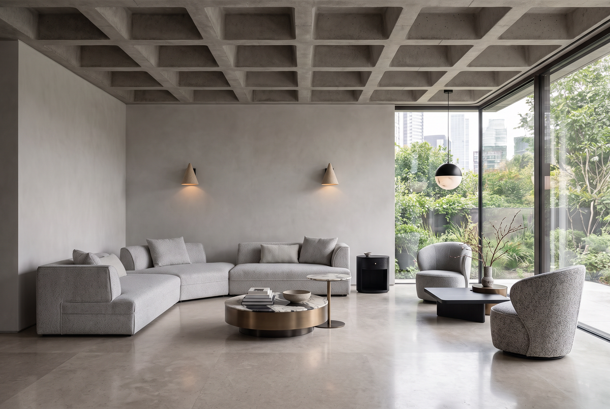 Mineral Grey, a grey corner sofa and bronze tables under a coffered concrete ceiling with a garden window corner