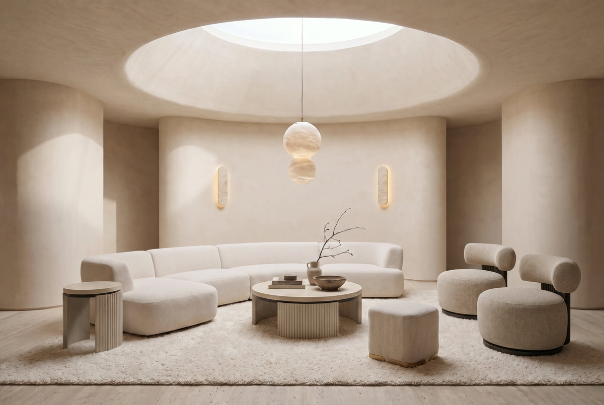 The Cloud Room: a curved ivory Ravenna sofa, Fiesole coffee and side tables, the Sabbia pouf and a pair of Cortona Swivel Chairs in warm beige, lit by a Gemella alabaster pendant