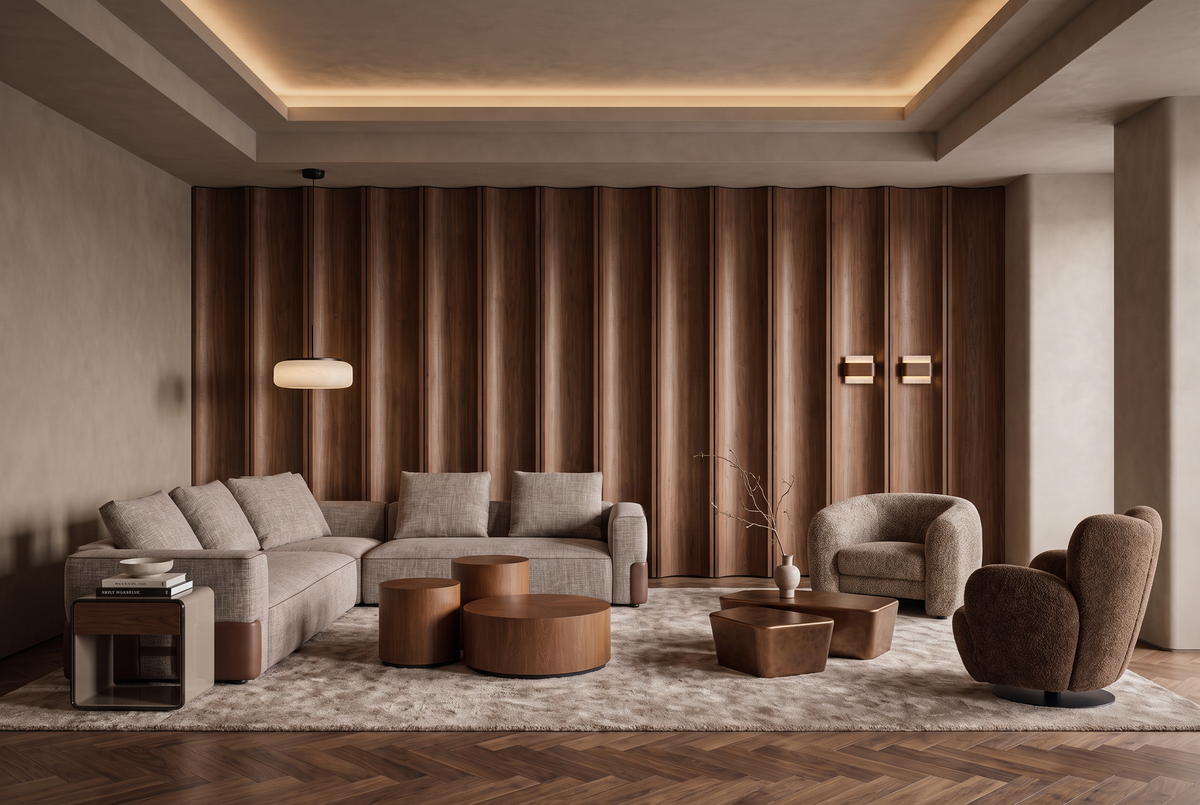 Mushroom and Walnut, a greige sofa and two boucle chairs around walnut tables against fluted walnut panelling