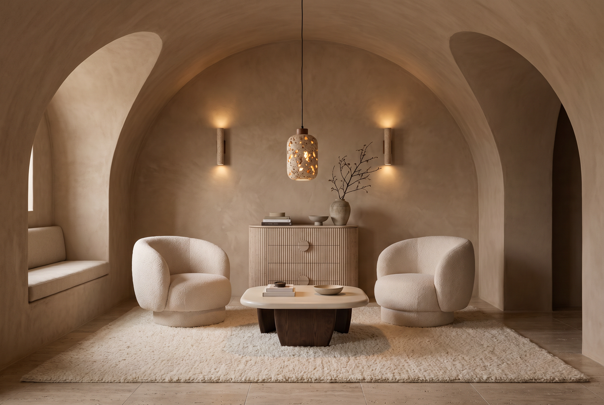 The Snug, two cream swivel chairs and a fluted travertine chest under a barrel-vaulted plaster ceiling