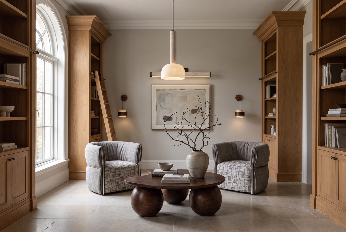 The Reading Room, a pair of patterned chairs and a walnut sphere table between oak library shelves