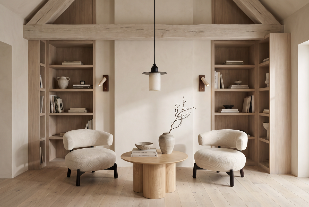 The Library Corner, two cream chairs and a pale oak table under limewashed timber trusses