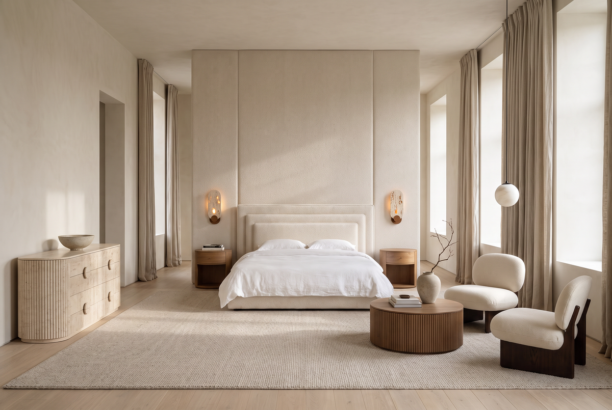 The Ivory Suite, an ivory upholstered bed with oak bedsides, a fluted travertine chest and a sitting area