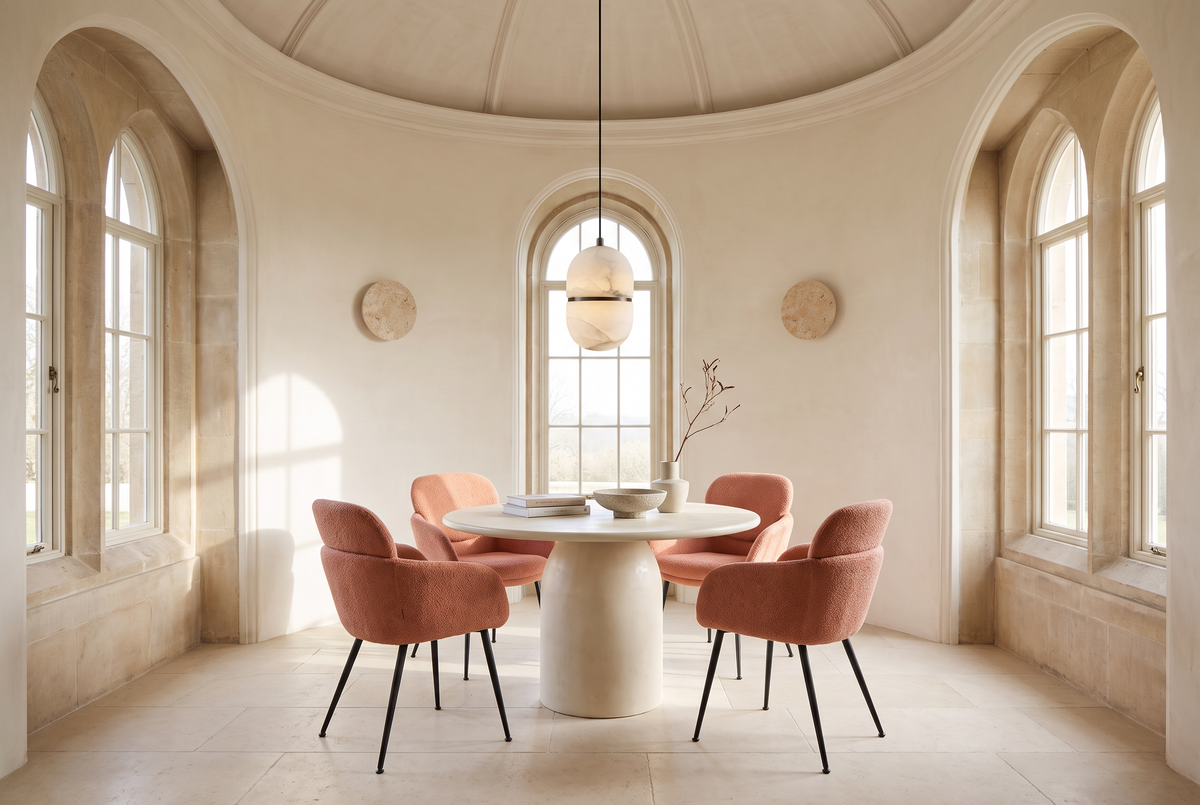 Blush Breakfast, a cream round table and four coral chairs in a domed stone bay with arched windows