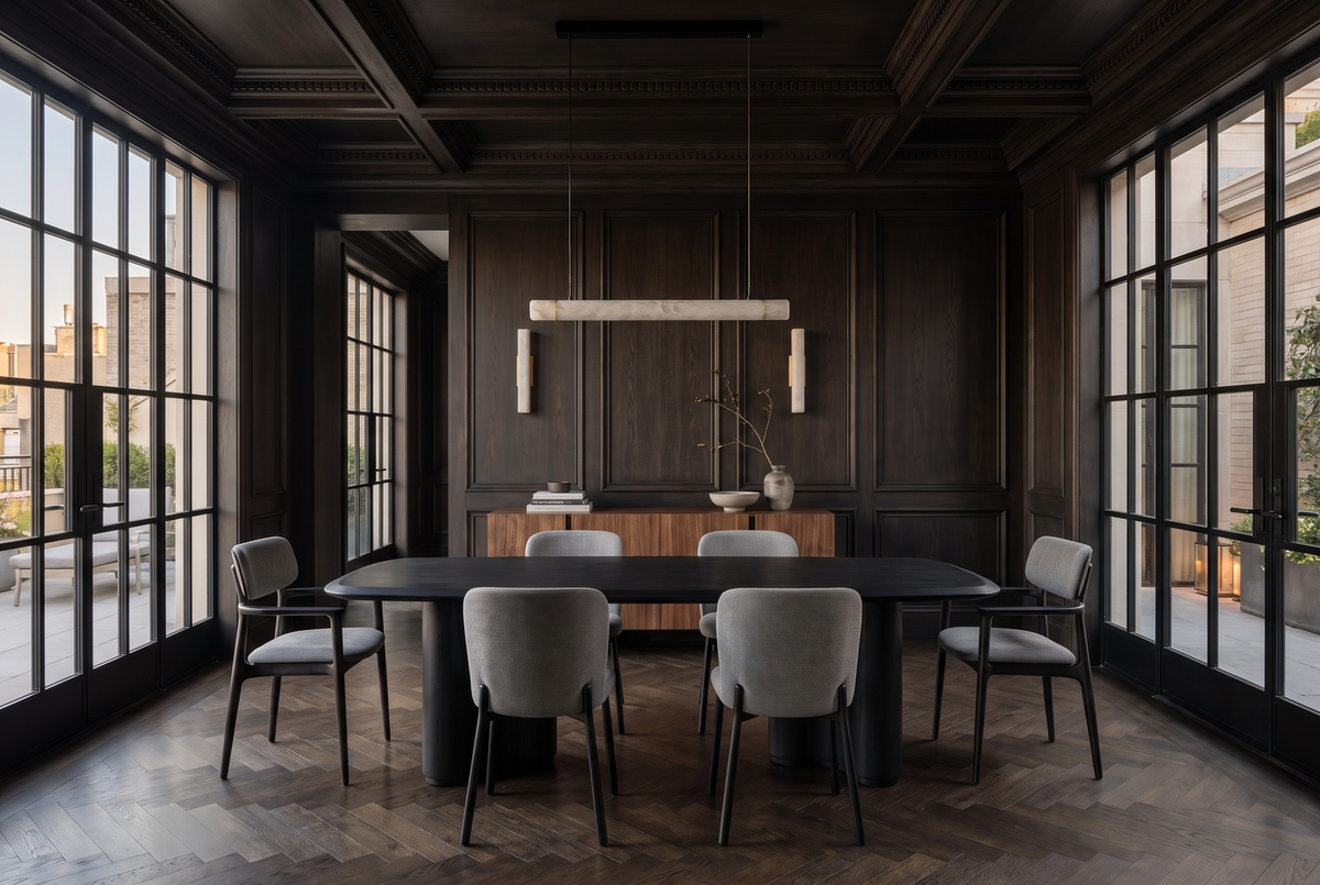 Graphite Dinner, a dark dining table and grey chairs in a dark oak panelled room with a coffered ceiling