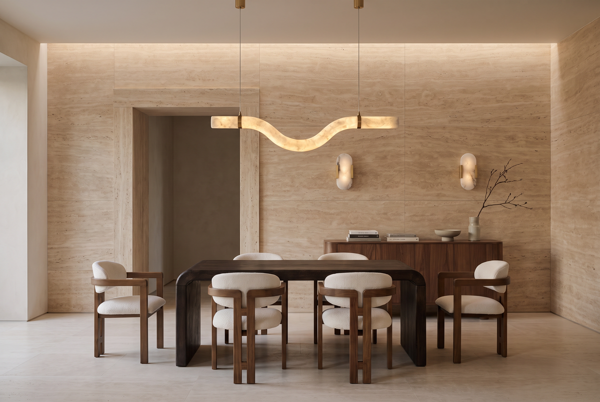 Walnut Supper, a dark walnut table and six walnut armchairs in a travertine-clad dining room