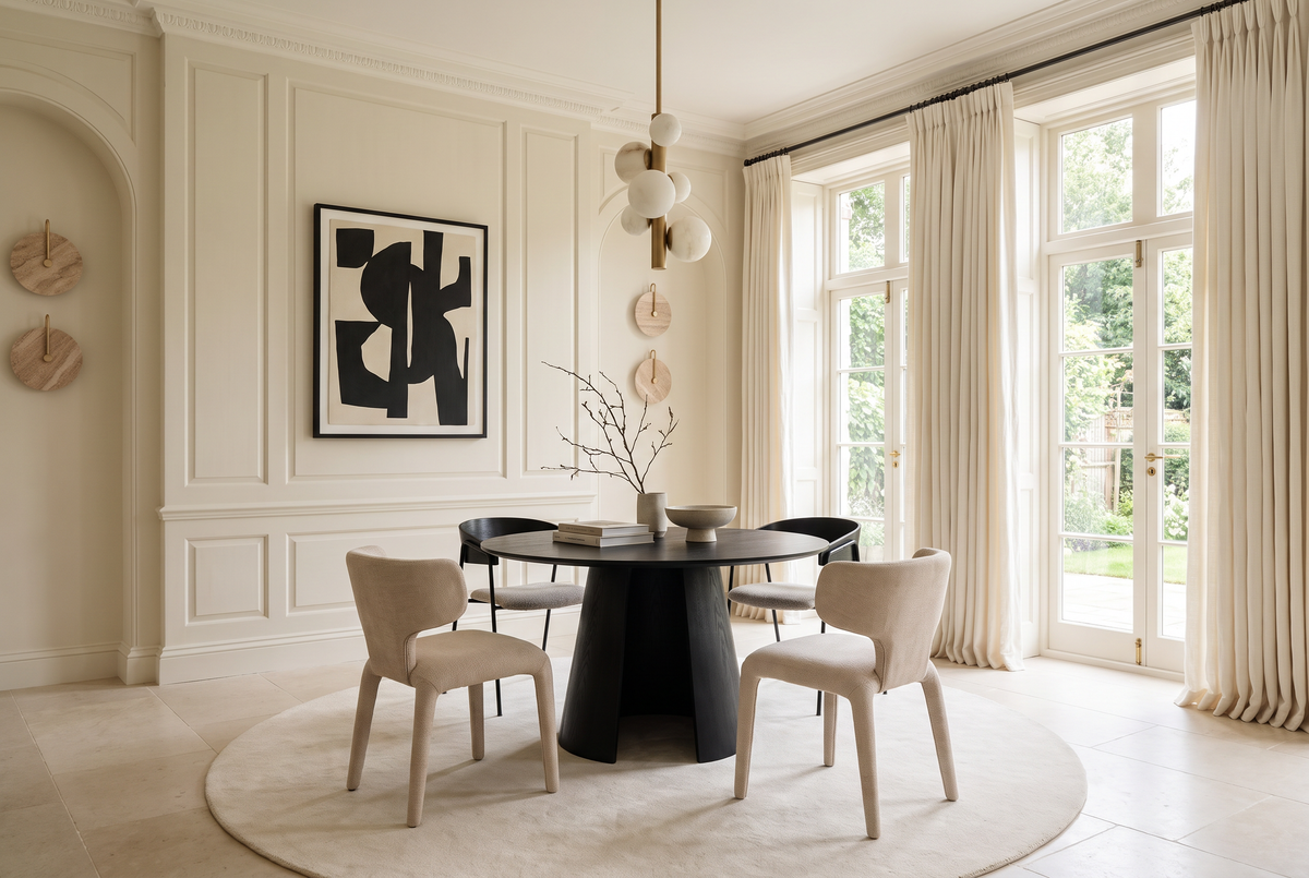 Noir and Cream, a black round table with black and beige chairs in a panelled room with French doors