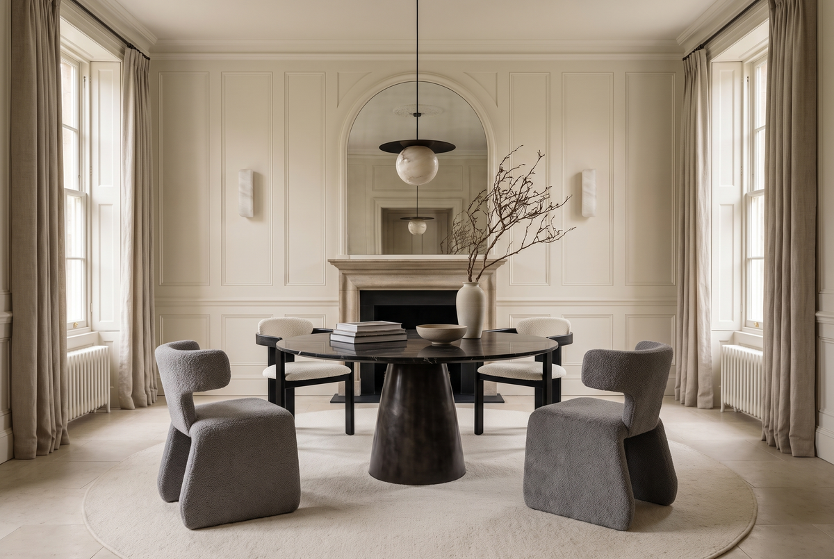 The Marble Room, a dark marble round table with sculptural chairs in a Regency panelled room with a stone mantel