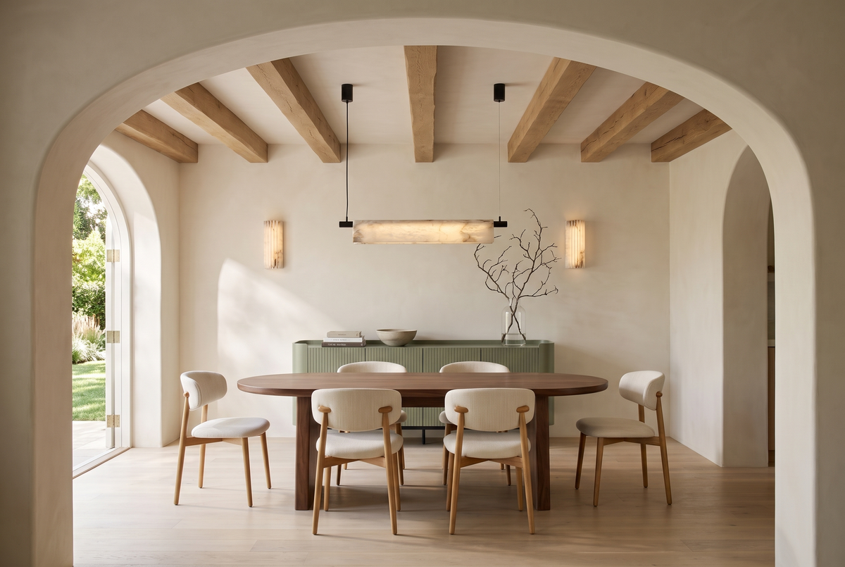Sage and Walnut, a walnut oval table with oak chairs and a sage fluted sideboard seen through a wide plaster arch
