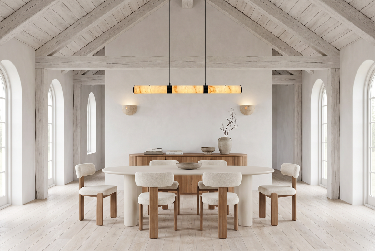 Pale Oak, a cream oval table and oak chairs beneath a whitewashed pitched timber ceiling with arched windows