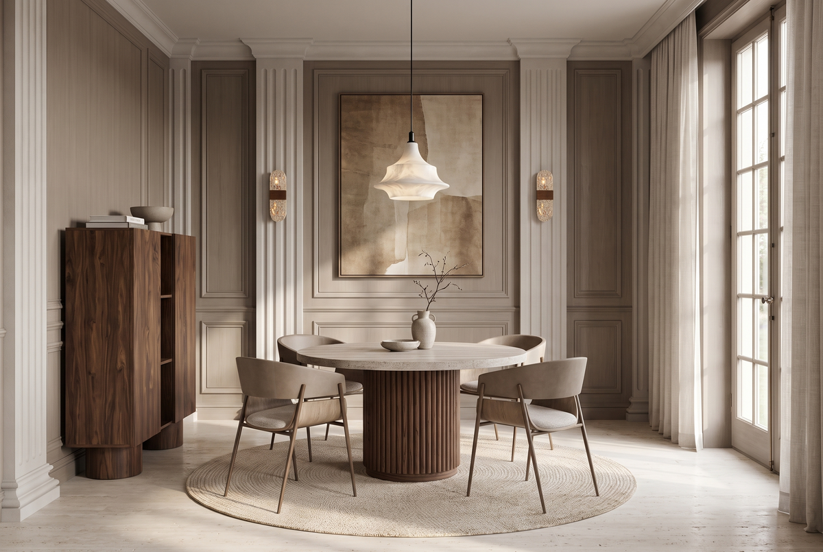 Walnut and Taupe, a fluted walnut round table with taupe chairs and a walnut highboard in a panelled room