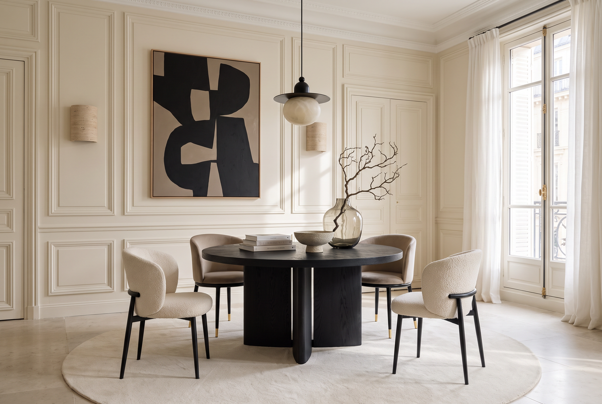 Smoked Oak, a black oak round table with taupe and cream chairs in a Parisian panelled dining room