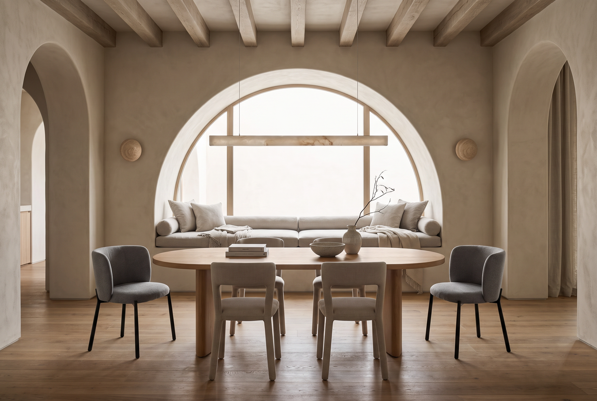 Oak and Taupe, an oak oval table with greige and grey chairs before a wide arched window seat