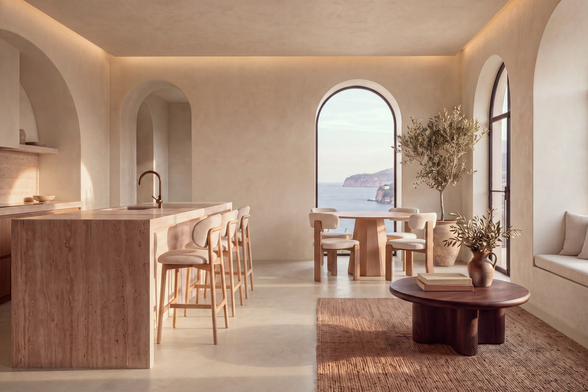 Cervo counter stools at a travertine island, Monza round table with Orta dining chairs and Menaggio walnut coffee table
