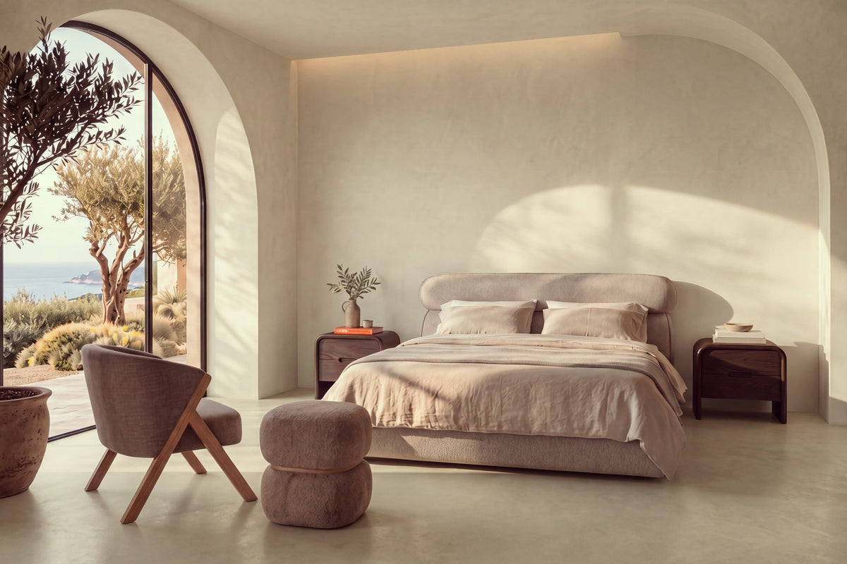 Positano bed with Limone walnut bedside tables, Pizzo armchair and Gallipoli pouffe by an arched window to the sea