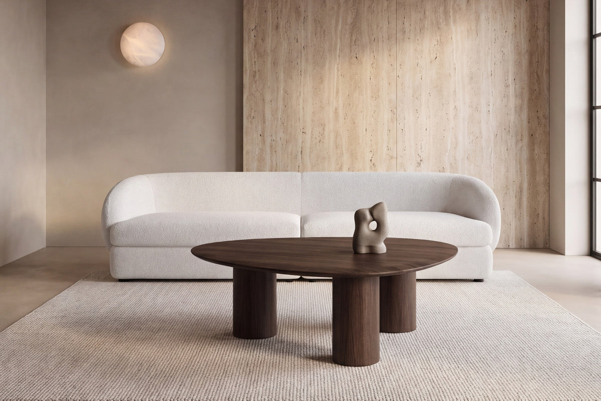 The Albenga Coffee Table in walnut, room setting, Kunal Trehan