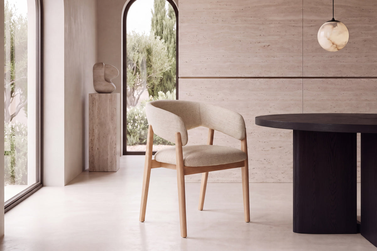 The Alberobello Dining Chair in beige, room setting, Kunal Trehan