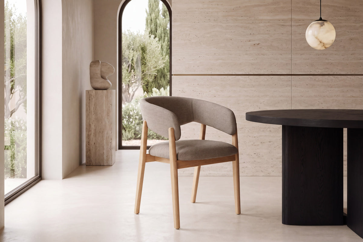 The Alberobello Dining Chair in taupe, room setting, Kunal Trehan