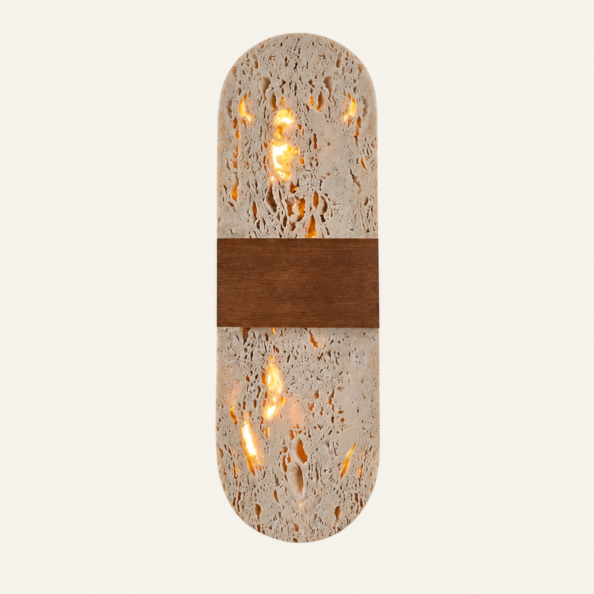 The Banda travertine wall light, a tall rounded stone slab crossed by a broad wooden band and lit from behind