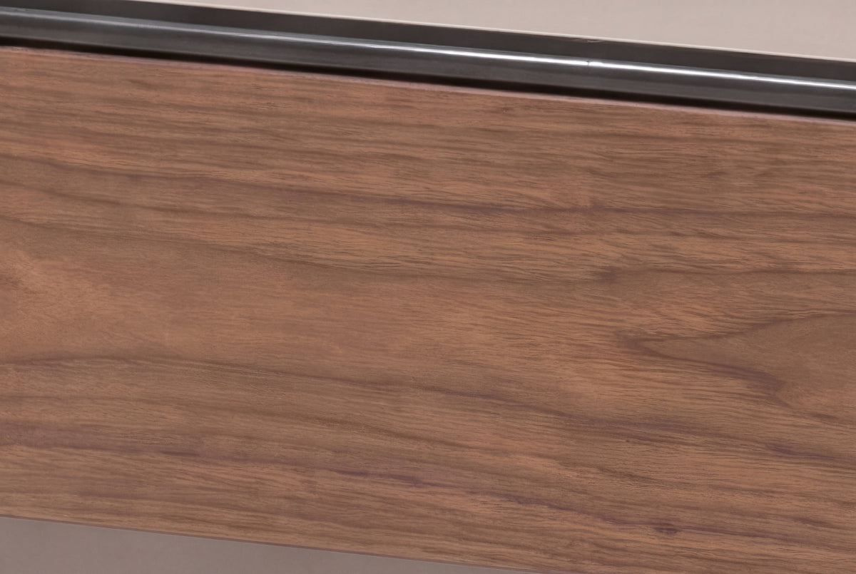 The Bari Bedside Table, close-up of the walnut drawer front and taupe lacquer
