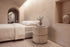 The Bellano Bedside Table in gloss beige beside the Positano bed in a barrel-vaulted plaster bedroom