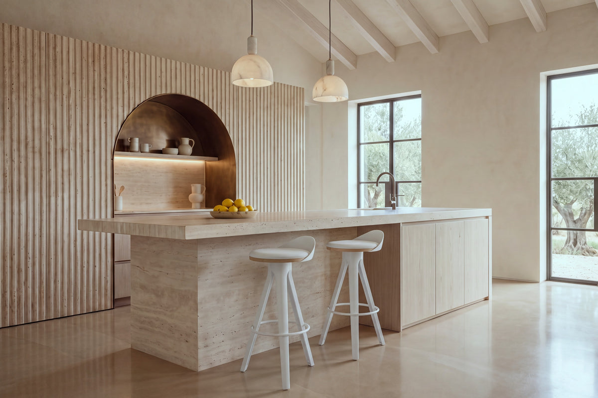 Two Bonassola Counter Stools in white at a travertine kitchen island in a beamed kitchen with olive trees beyond