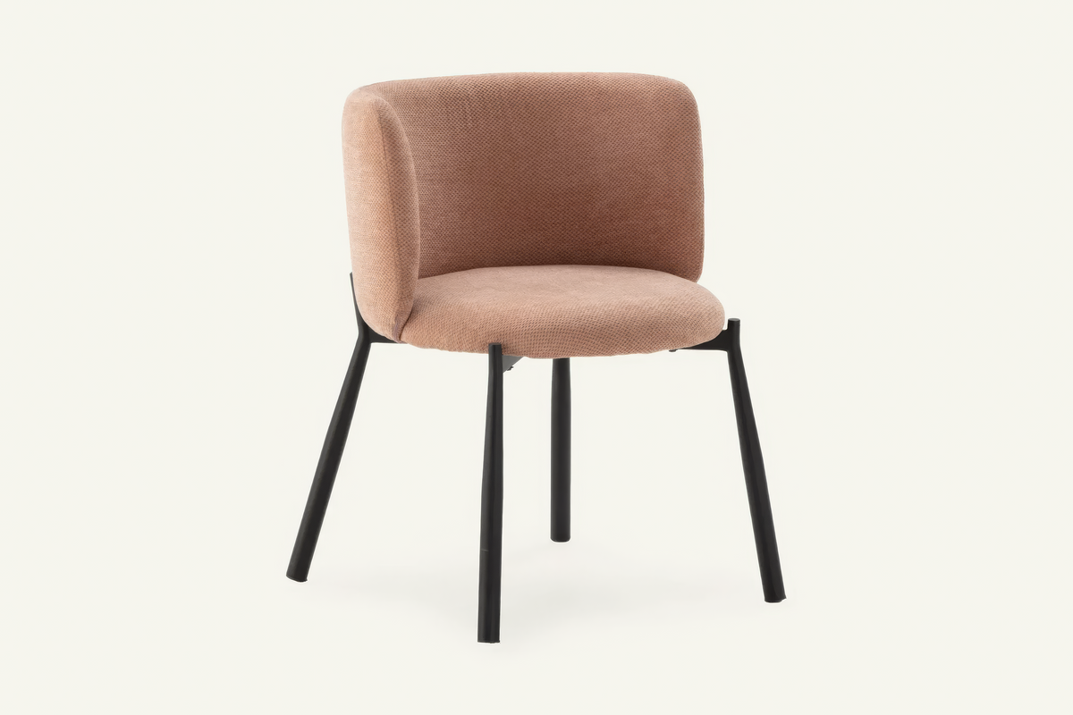 The Bormio Dining Armchair in coral, upholstered dining armchair on black metal legs, studio view