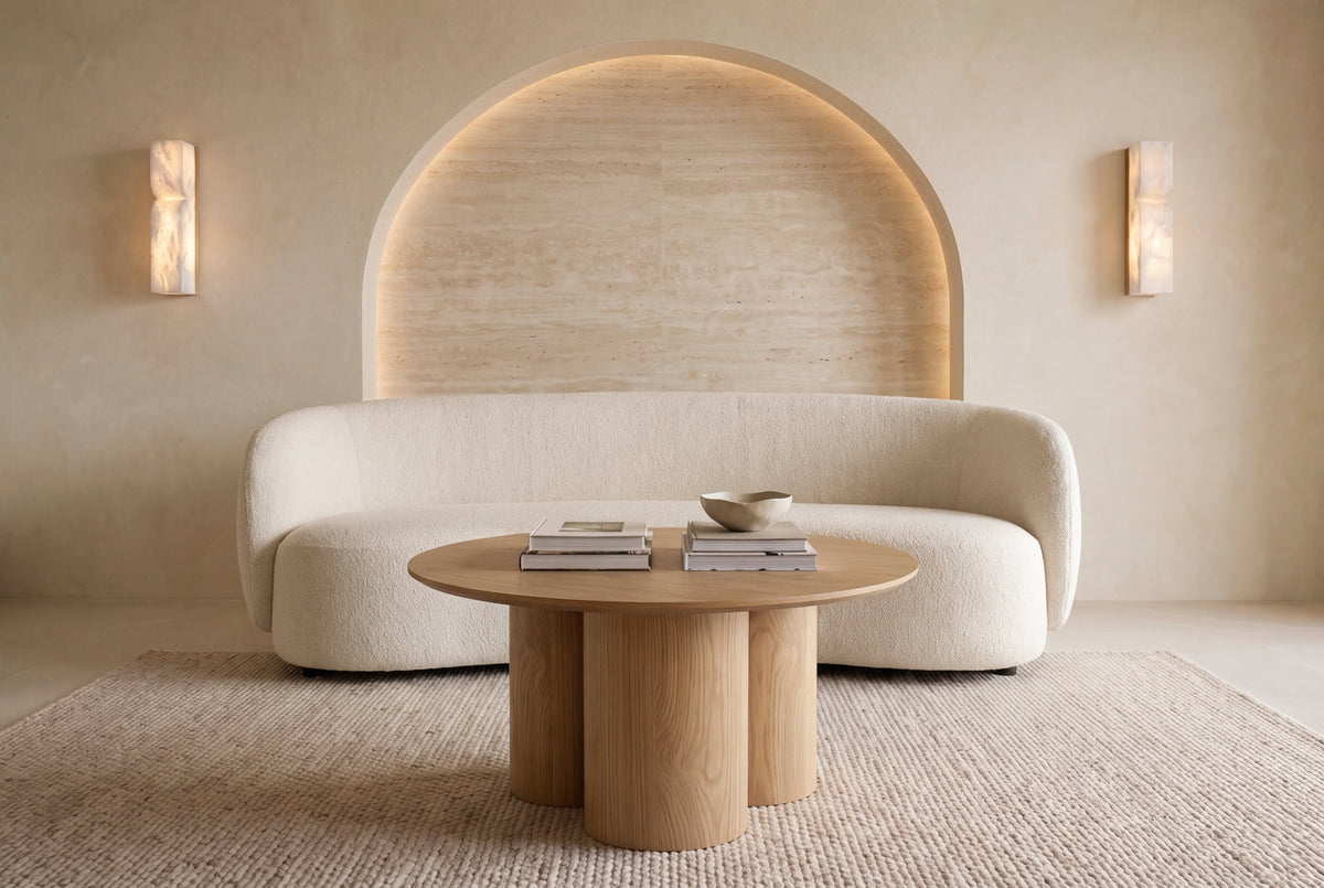 The Bosa Coffee Table in oak, round coffee table on a clustered column base, styled in a room