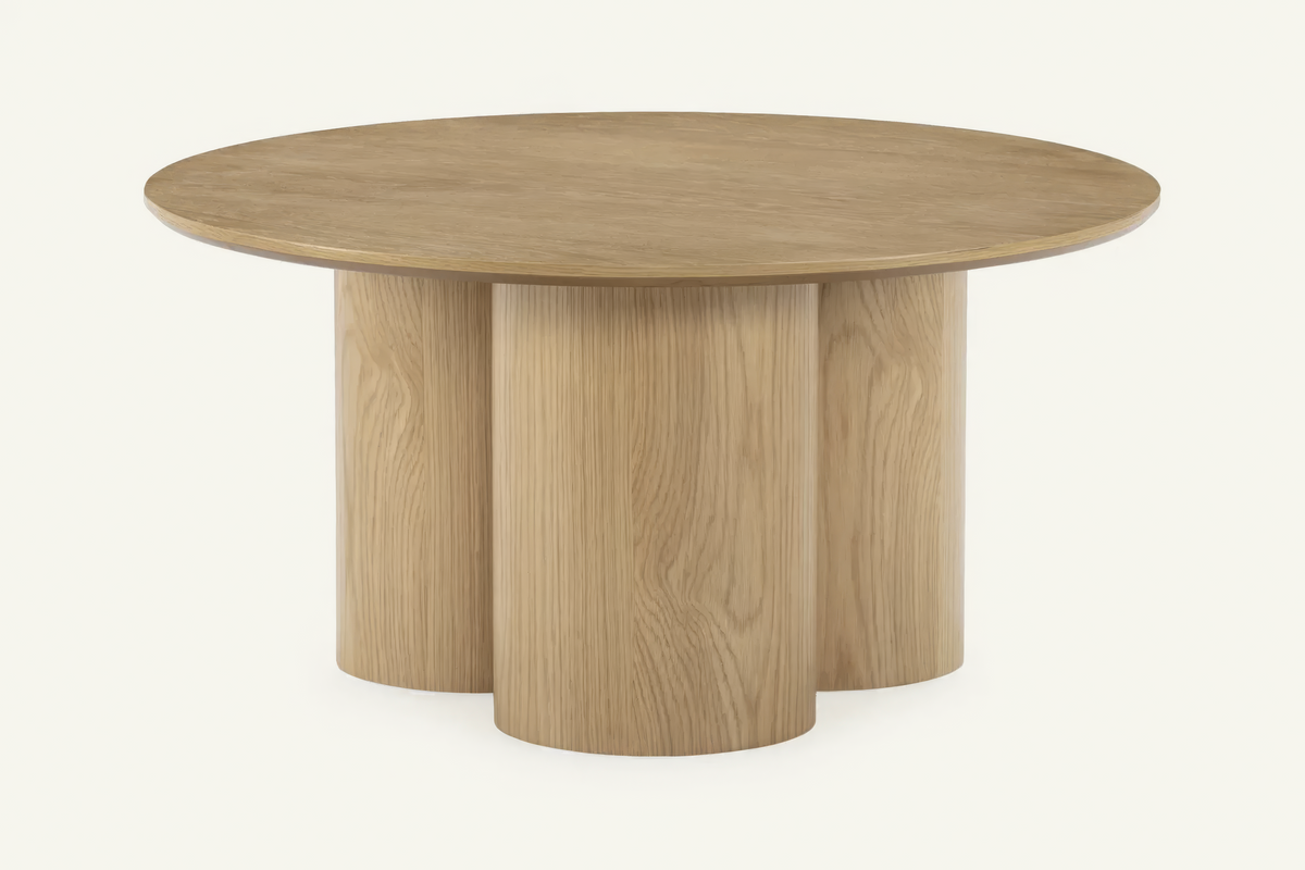 The Bosa Coffee Table in oak, round coffee table on a clustered column base, studio view