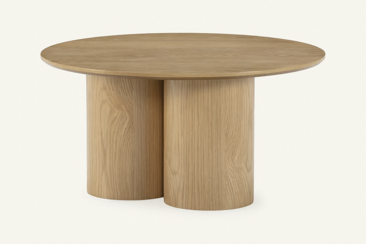 The Bosa Coffee Table in oak, round coffee table on a clustered column base, studio view