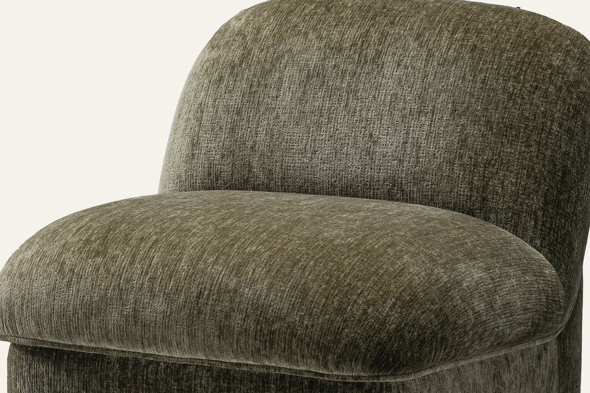 The Bosco Accent Chair, close-up of the sage green chenille seat and base