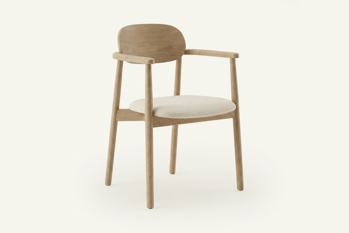 The Brescia Dining Armchair in beige and washed oak, solid ash dining armchair with a curved back, studio view