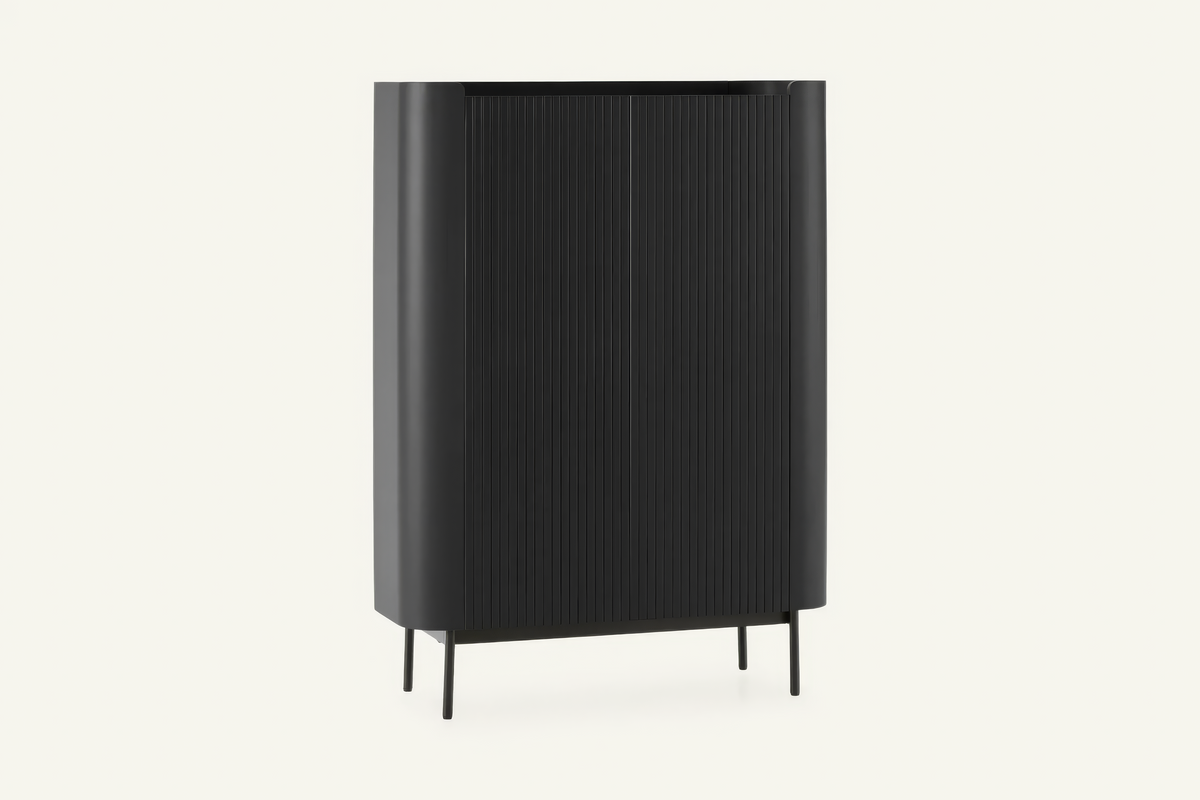 The Camogli Fluted Highboard in black, tall fluted highboard with rounded ends, studio view