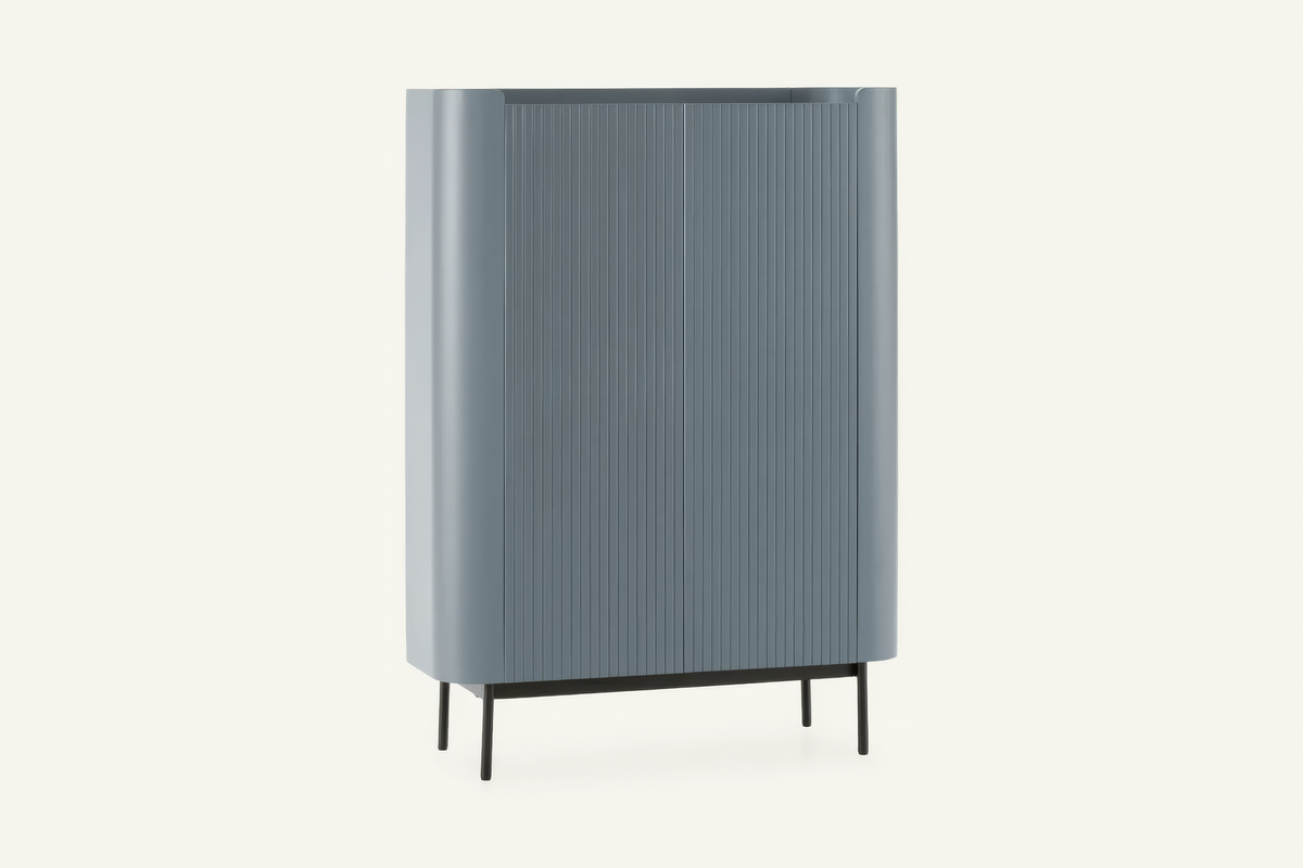 The Camogli Fluted Highboard in blue, tall fluted highboard with rounded ends, studio view
