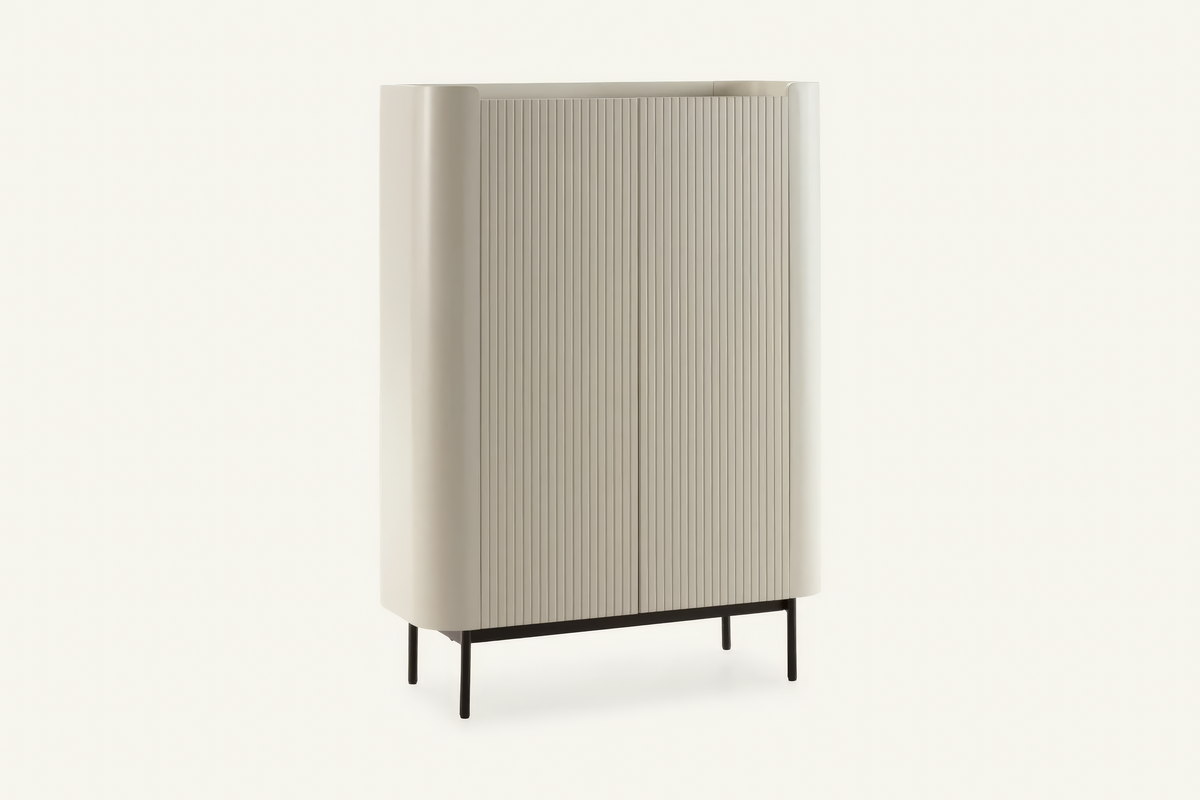 The Camogli Fluted Highboard in cream, tall fluted highboard with rounded ends, studio view